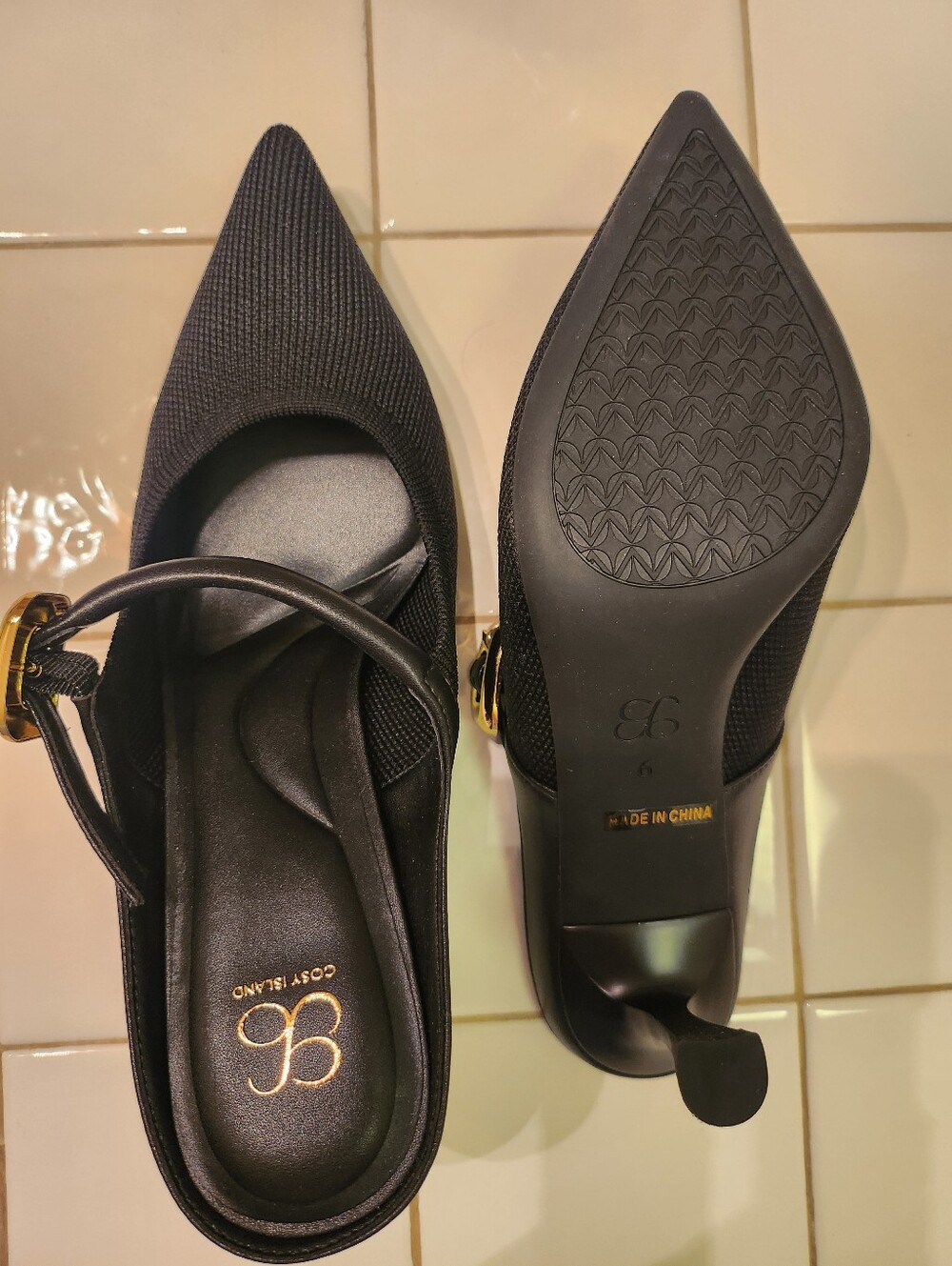 Cozy Island Black Pointed-Toe Low Heel with Gold Buckle
